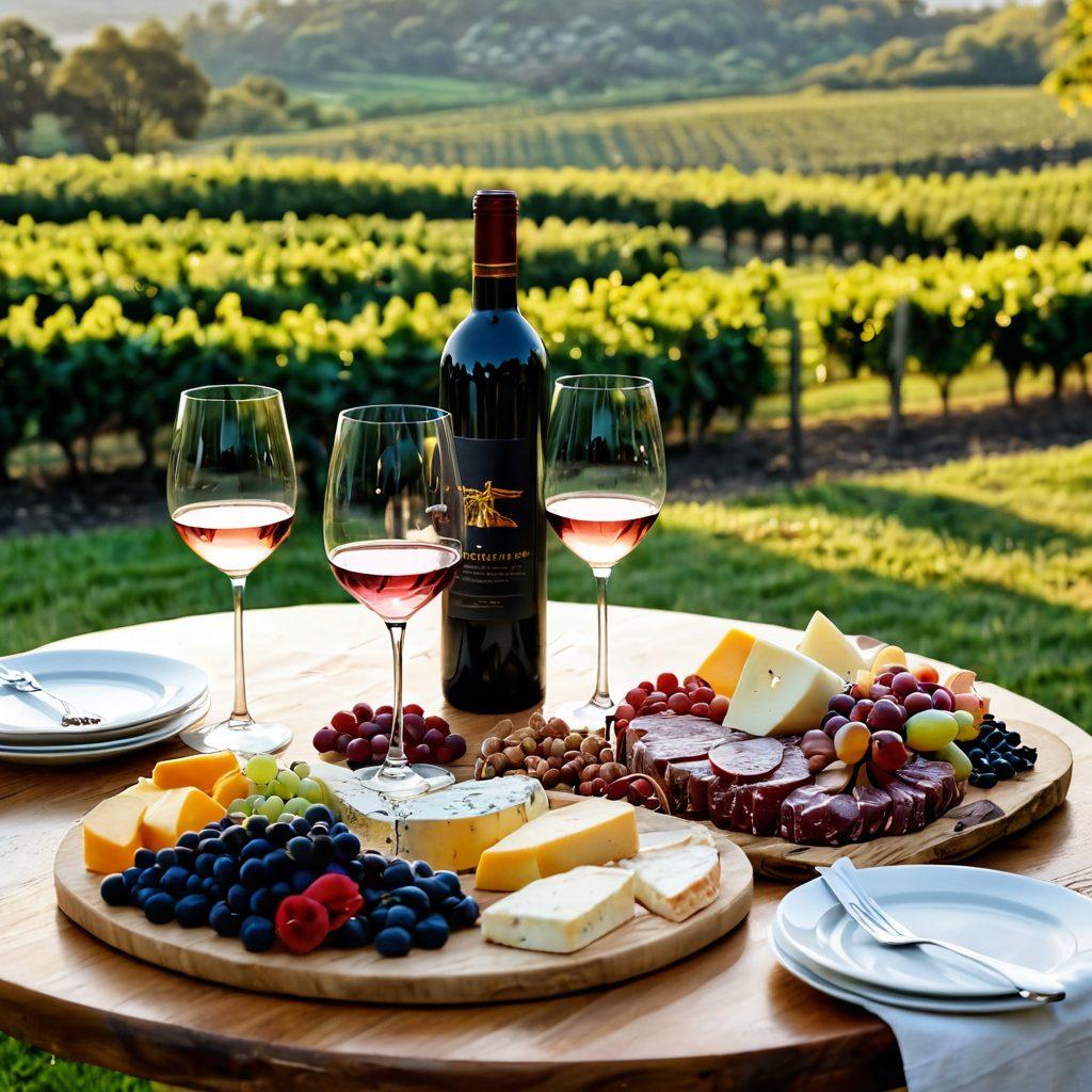 An elegant table set for a wine tasting, featuring a variety of wine glasses filled with deep red, crisp white, and sparkling rosé wines. Surrounding the table are artisanal cheese, charcuterie, and fresh fruit artfully arranged. Soft candlelight casts a warm glow, enhancing the atmosphere of indulgence and pleasure. In the background, a vineyard landscape is softly blurred, adding to the seductive ambiance. vibrant colors. super-realistic.