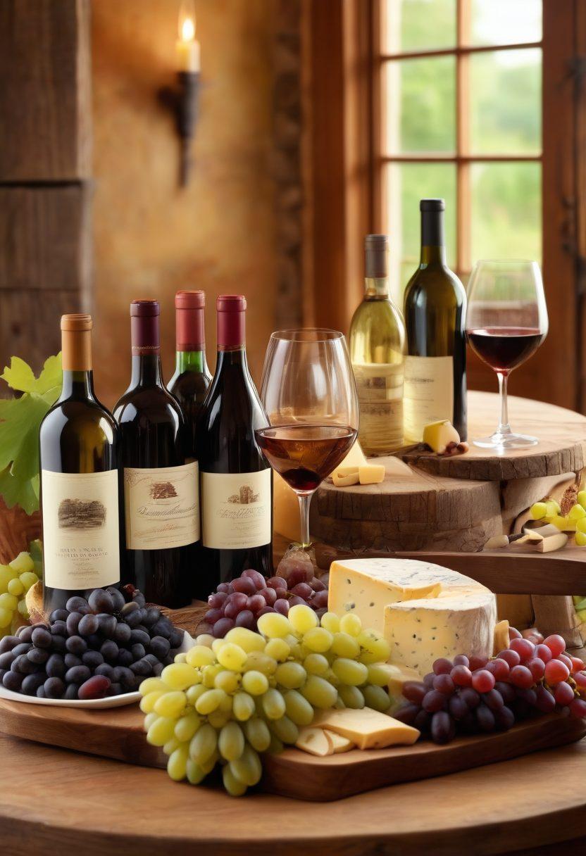 A beautifully arranged wine display featuring an assortment of wine bottles, each showcasing different regions and types, surrounded by elegant wine glasses, ripe grapes, and cheese platters, with a cozy, inviting atmosphere emphasizing warmth and indulgence. The background should be softly blurred, hinting at a rustic vineyard setting under golden light. super-realistic. vibrant colors. soft focus.